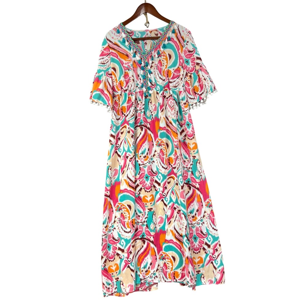 Boho Maxi Dress Long Colorful Paisley Print Tassel‎ PomPom Beach Coverup M/L